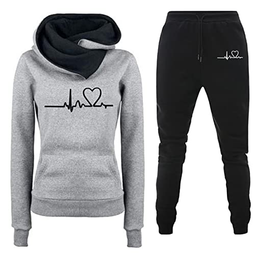 Cockjun Sweatshir Damen Lässige Mode Einfarbig Liebe Druck Mit Kapuze Pullover Hosenanzug Damenmode Herzschlag Kapuzenhose Set Grau L von Cockjun