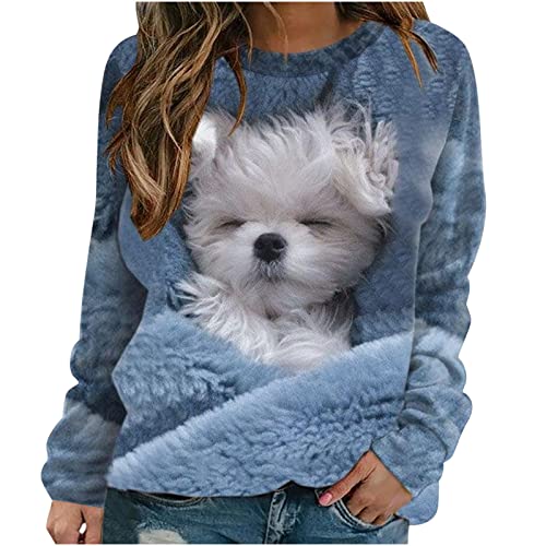 Cockjun Trendy Hoodies Langarmshirts Für Damen Lässig Rundhals Bedruckt Damen Sweatshirt Tops Bluse Hundedruck Damen Rundhals Druck Stepppullover Langarm Top Pullover Kapuzenpullover Hellblau M von Cockjun