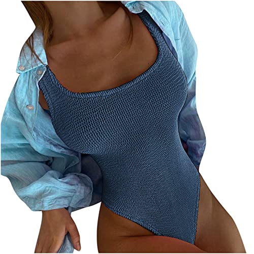 Damen Einteiliger Badeanzug U Ausschnitt Breite Träger Slim Monokini Damen Crinkle Tuch Welle Fluoreszierende Mode Einteilige Sport Bauchweg von Cockjun