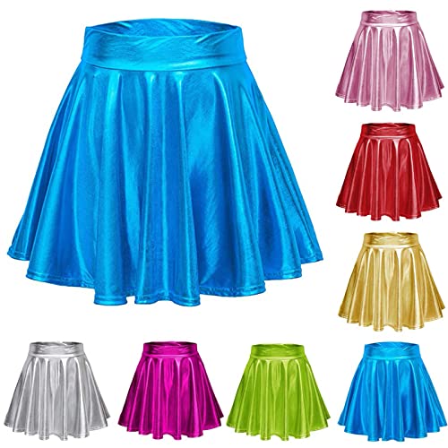 Damen Glänzendes Metallischer Faltenrock Mini Skater Rock,2023 New Sexy PU Falten Kurze Röcke, elastischen Tutu Rock Karneval Kostüm Abendkleid Gelegenheit Zubehör (Blau, XL) von Cockjun