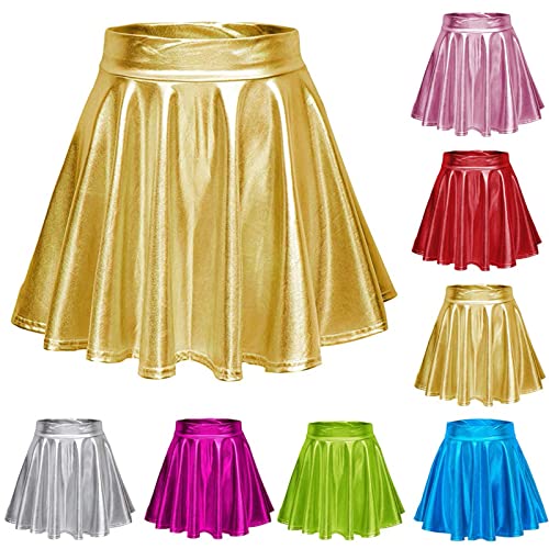 Damen Glänzendes Metallischer Faltenrock Mini Skater Rock,2023 New Sexy PU Falten Kurze Röcke, elastischen Tutu Rock Karneval Kostüm Abendkleid Gelegenheit Zubehör (Gold, L) von Cockjun