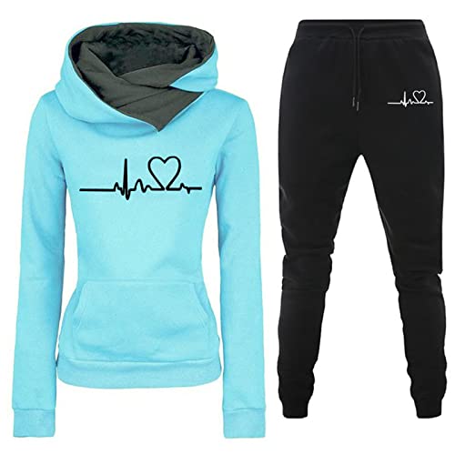 Cockjun Damen Hoodies Pullover Damen Pullover für Damen Casual Fashion Solid Heartbeat Print Shirt Hose Anzug Himmelblau Damen Solid Love Hosenanzug von Cockjun