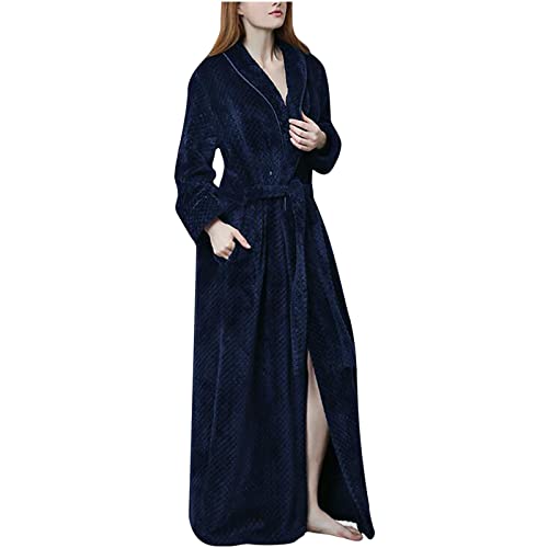 Damen Nachtwäsche Damen Solide verdicken Coral Fleece Robe Bademantel Kleid Pyjamas Taschen + Gürtel Der gleiche Winter verdickte Riemchen Bademantel Flanell langer Pyjama Nachthemd Marineblau von Cockjun