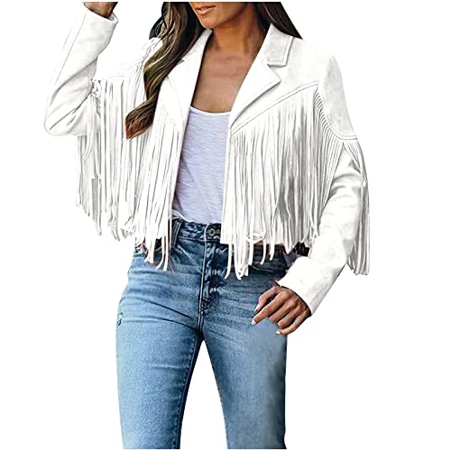Kuh Print Top Langarm Shirts für Damen Fransen Mantel Wildleder Kunstleder Jungen Stil Mantel Quasten Strickjacke Mantel Damen einfarbige Fransen Jacke weiß M von Cockjun