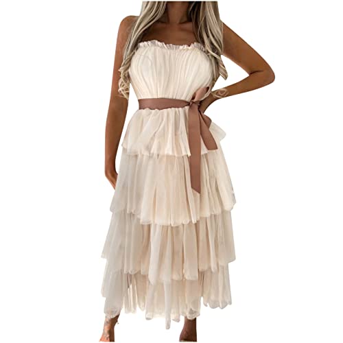 Partykleid Beige Kleid für Frauen Tüllkleid Frauenkleid Prinzessinnenkleid für Mädchen Netzkleid Temperament Bowknot Tutu Kleid Langes Kleid Frauenkleid Ärmelloses Kleid Solides Steapless Lang von Cockjun