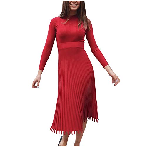 Plisseekleid Langarmkleid Strickkleid Rundhalsausschnitt Mode Damen Solides Kleid Bottoming Dress Damen Herbst Und Winter Mittellanger Pullover Solides Kleid Weinrot M von Cockjun