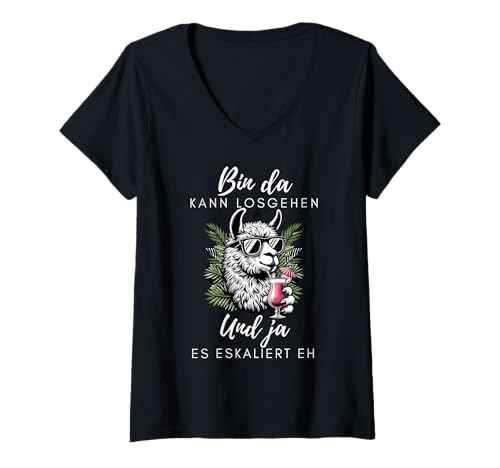 Damen Lama Spruch Party Bin Da Es Eskaliert Eh T-Shirt mit V-Ausschnitt Damen Lama Spruch Party Bin Da Es Eskaliert Eh T-Shirt mit V-Ausschnitt von Cocktail Tierwitz Feierlaune Lustige Illustration