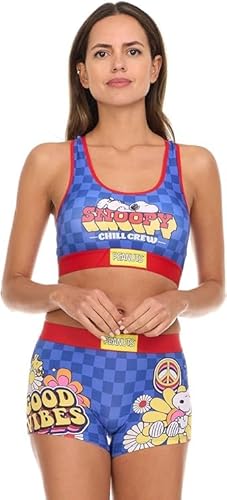 COCO BRANDS Damen-Sport-BH-Set – 2-teiliges Peanuts-Snoopy-Racerback-Sport-BH und Boxershorts für Damen (Größen: S-XL), Snoopy Chill Crew Good Vibes, Small von Coco Brands