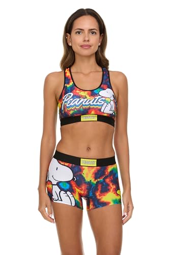 COCO BRANDS Damen-Sport-BH-Set – 2-teiliges Peanuts-Snoopy-Racerback-Sport-BH und Boxershorts für Damen (Größen: S-XL), Snoopy & Woodstock Batikfärbung, dunkel, Small von Coco Brands