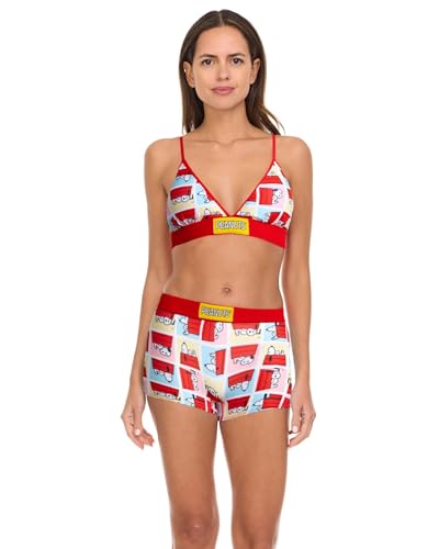COCO BRANDS Damen-Sport-BH-Set – 2-teiliges Peanuts Snoopy Racerback Sport-BH und Boxershorts für Frauen (Größen: S-XL), Größe XL, Snoopy Dog House Checker/Rot von Coco Brands