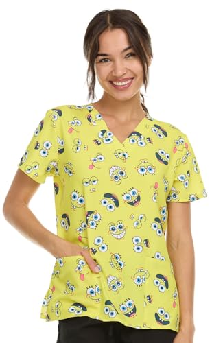 COCO BRANDS Spongebob Damen All Over Print V-Ausschnitt Scrub Top mit Taschen Bequeme Arbeitsuniform, Gelbe / alberne Gesichter, Medium von Coco Brands
