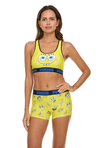 COCO BRANDS Spongebob Damen Sport BH und Boxershorts Unterwäsche Set mit Racerback und herausnehmbaren Pads, Spongebob Nahaufnahme, Small von Coco Brands