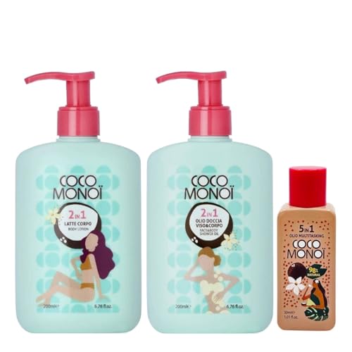 Coco Monoi Feuchtigkeitsspendende und aufhellende Körpermilch 2-in-1 – Duft von Kokosnuss und Tiaré-Blüten, weiche und strahlende Haut, Damen, 200 ml (Körpermilch + Duschöl + Reiseöl) von Coco Monoi