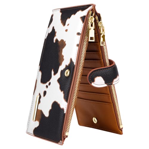 Coco Rossi Damen-Geldbörse mit RFID-blockierendem Glitzer-Leder, mehrere Karten, faltbar, schwarz, mit Reißverschlusstasche, braunes Kuh, Braune Kuh, Large von Coco Rossi