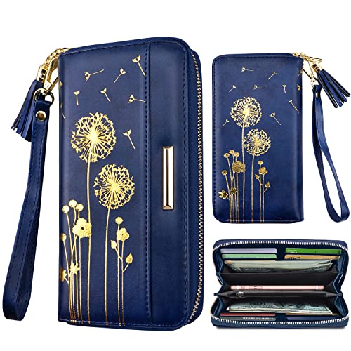 Coco Rossi Geldbörsen für Damen, PU-Leder, Kartenhalter, Organizer, Damen-Clutch mit Quaste, Handgelenkschlaufe, Gold Pusteblume, long purse, Casual von Coco Rossi