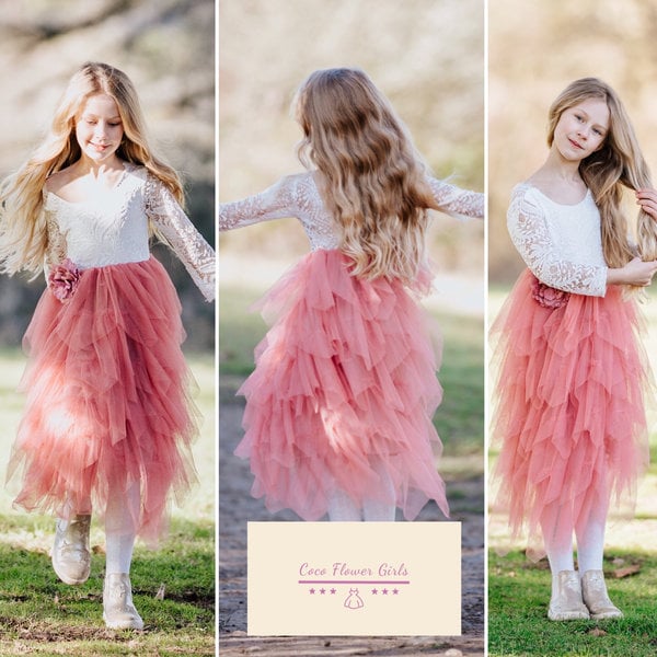 Sale Lange Hübsche Rüschen Mädchen Boho Blumenmädchen Kleid Altrosa - Rose Rosa/Teerosa Braut Rustikale Hochzeit 6/12 Monate von CocoFlowerGirls