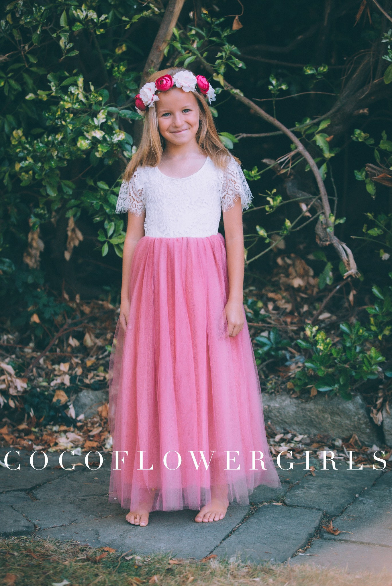 Sale Schöne Lange Länge Spitze Flattern Ärmel Boho Hippy Strand Rustikalen Stil Blumenmädchen Kleid - Tea/Rose Pink von CocoFlowerGirls