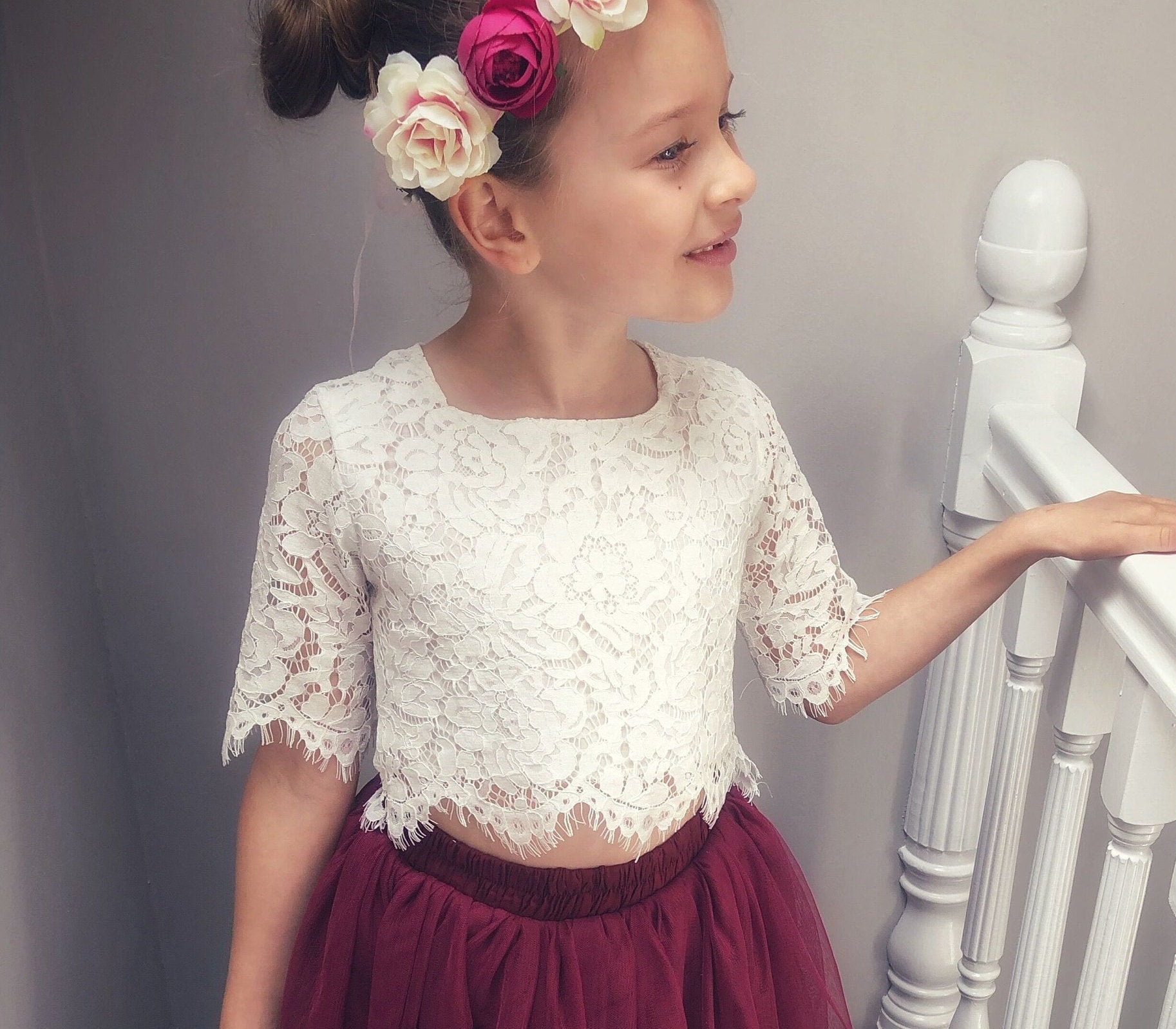 Schönes 3/4 Ärmel Oder Ärmelloses Vintage Spitze Mädchen Crop Top - Off White Boho Lace Rustic von CocoFlowerGirls