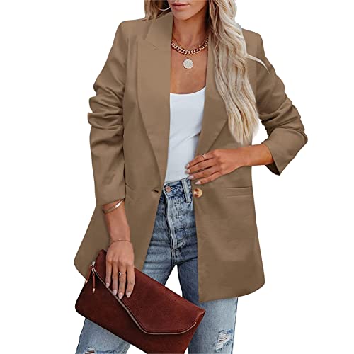 Cocoarm Damen Anzugjacke Revers Langarm Blazer Jacke Weicher Polyester Damen Blazer Reine Farbe Lose Lässiger Blazer für Business Arbeit Im Freien(M-Khaki) von Cocoarm