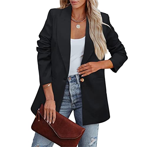 Cocoarm Damen Anzugjacke Revers Langarm Blazer Jacke Weicher Polyester Damen Blazer Reine Farbe Lose Lässiger Blazer für Business Arbeit Im Freien(S-Schwarz) von Cocoarm