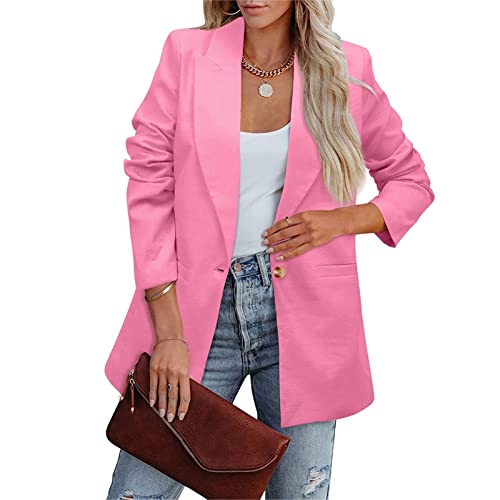 Cocoarm Damen Anzugjacke Revers Langarm Blazer Jacke Weicher Polyester Damen Blazer Reine Farbe Lose Lässiger Blazer für Business Arbeit Im Freien(XXXL-Rosa) von Cocoarm