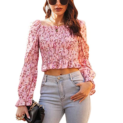 Cocoarm Damen Bauchfrei Oberteil Langarm Crop Top Langarmshirt Puffärmel Tops mit Quadratischem Ausschnitt Blumenbluse Langarmbluse Pullover Cropped Tops(L-Rosa) von Cocoarm