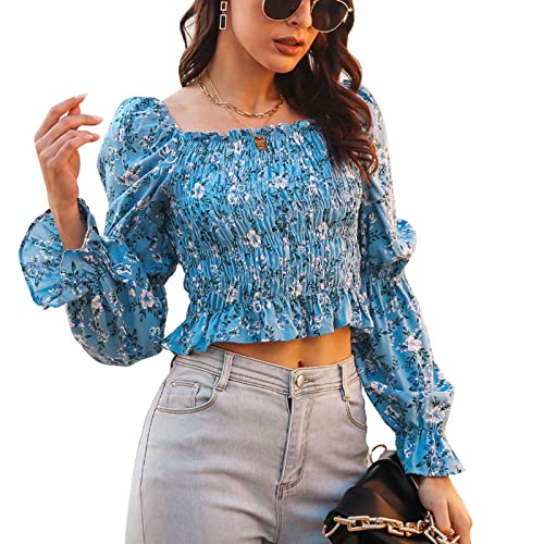 Cocoarm Damen Bauchfrei Oberteil Langarm Crop Top Langarmshirt Puffärmel Tops mit Quadratischem Ausschnitt Blumenbluse Langarmbluse Pullover Cropped Tops(m-Blau) von Cocoarm