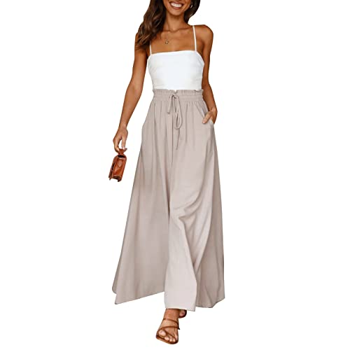 Cocoarm Damen Breites Bein Hose Sommerhose Schlaghose Elegante Business Hosen Elastisch Hohe Taille Freizeithose Jogginghose Casual Pants Laufenhose mit Kordelzug(L-Aprikose) von Cocoarm