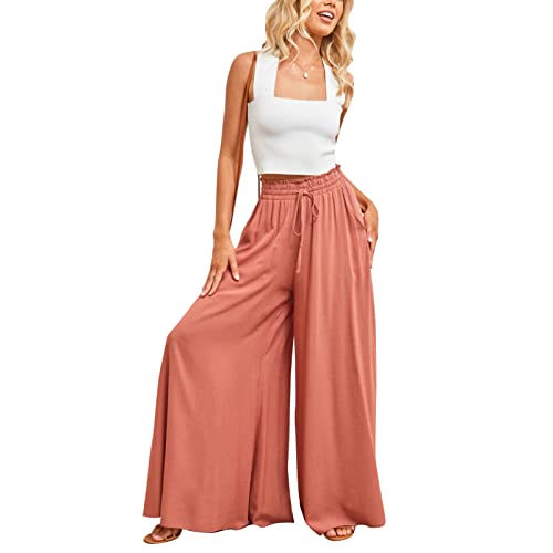 Cocoarm Damen Breites Bein Hose Sommerhose Schlaghose Elegante Business Hosen Elastisch Hohe Taille Freizeithose Jogginghose Casual Pants Laufenhose mit Kordelzug(L-Orange Rot) von Cocoarm