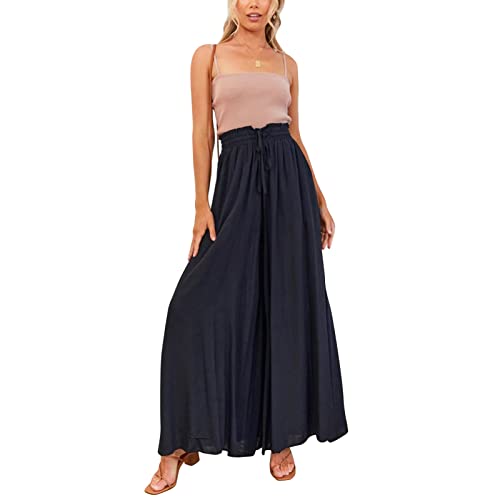 Cocoarm Damen Breites Bein Hose Sommerhose Schlaghose Elegante Business Hosen Elastisch Hohe Taille Freizeithose Jogginghose Casual Pants Laufenhose mit Kordelzug(L-Schwarz) von Cocoarm