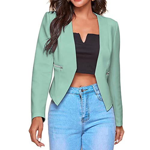 Cocoarm Damen Elegant Langarm Blazer Slim Fit Anzugjacke Kurz Frauen Sakko Lässig Reine Farbe Jacke mit Taschen(L-Erbsengrün) von Cocoarm