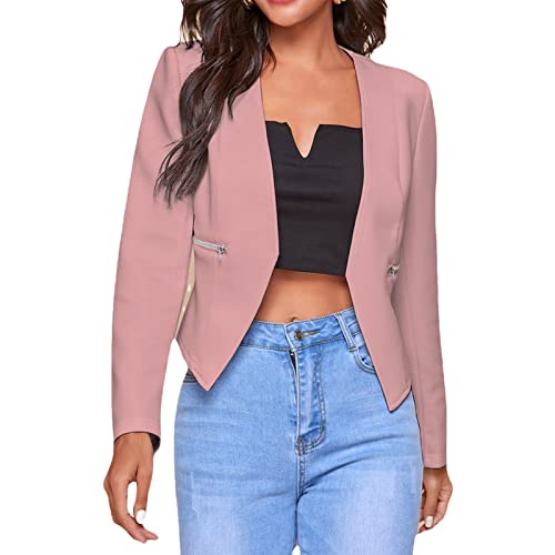 Cocoarm Damen Elegant Langarm Blazer Slim Fit Anzugjacke Kurz Frauen Sakko Lässig Reine Farbe Jacke mit Taschen(S-Rosa) von Cocoarm