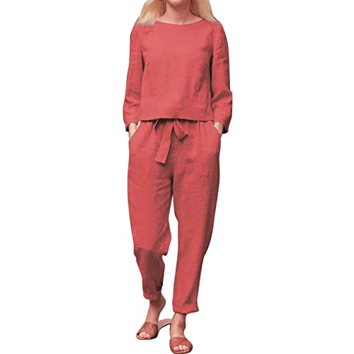 Cocoarm Damen Frühling Herbst 2 Stück Rundhalsausschnitt Lässige Langarm Kordelzug Taille Breites Bein Hosenanzüge mit Taschen(L-Orange Rot) von Cocoarm