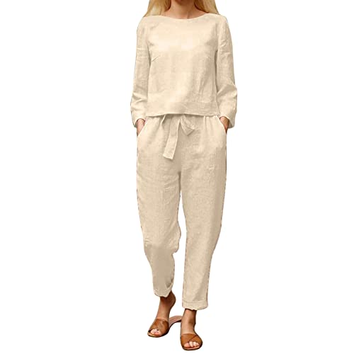 Cocoarm Damen Frühling 2 Stück Rundhalsausschnitt Lässige Langarm Kordelzug Taille Breites Bein Hosenanzüge mit Taschen(M-Beige) von Cocoarm