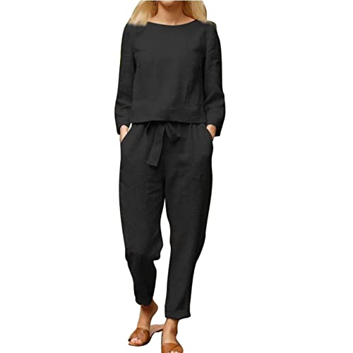 Cocoarm Damen Frühling 2 Stück Rundhalsausschnitt Lässige Langarm Kordelzug Taille Breites Bein Hosenanzüge mit Taschen(S-Schwarz) von Cocoarm