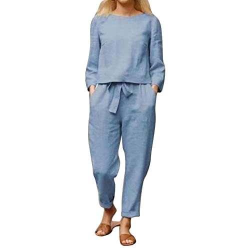 Cocoarm Damen Frühling Herbst 2 Stück Rundhalsausschnitt Lässige Langarm Kordelzug Taille Breites Bein Hosenanzüge mit Taschen(XL-Himmelblau) von Cocoarm