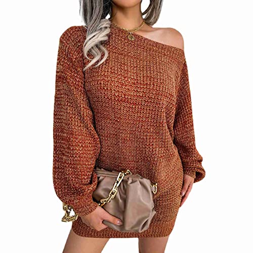 Cocoarm Damen Frühling Herbst One Shoulder Paket Hüfte mit Langen Laternenärmeln Casual Slim Bodycon Strickpullover Kleid(M-Orange) von Cocoarm