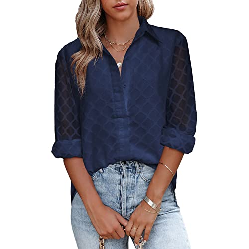 Cocoarm Damen Frühling Herbst Revers Umlegekragen Langarm Spitzenhemd Lässig Lose Single Button Down Tops Bluse(M-Dunkelblau) von Cocoarm