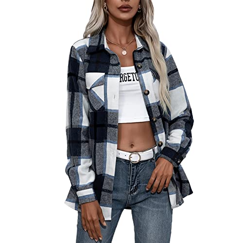Cocoarm Damen Hemdjacke Karierte Jacke Langarm Hemd Mantel Button-Down Warme Langarmshirt Freizeithemd Herbst Winter Lose Hemdbluse (L-Navy blau) von Cocoarm