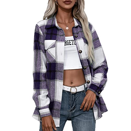 Cocoarm Damen Hemdjacke Karierte Jacke Langarm Hemd Mantel Button-Down Warme Langarmshirt Freizeithemd Herbst Winter Lose Hemdbluse (L-Violett) von Cocoarm
