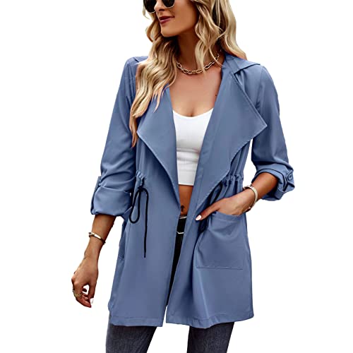 Cocoarm Damen Herbst Winter Trenchcoat Klassischer Revers Mantel Kordelzug Reverse Button Einfarbig Lässig Fließend Lose(L-Blau) von Cocoarm