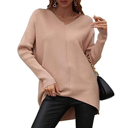 Cocoarm Damen Herbst Winter V-Ausschnitt Drop Shoulder Strickpullover Langarm Rückenfreier Pullover mit Kurzer Front und Langem Rücken(XL-Khaki) von Cocoarm