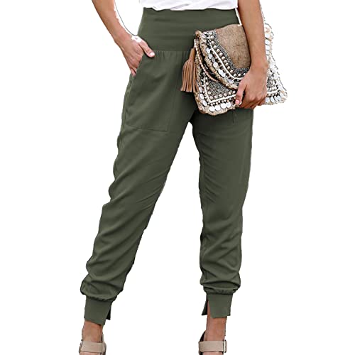 Cocoarm Damen Hose Hohe Taille Bleistifthose 9/10 Casual Elegant Pants Einfarbig Freizeithose Jogger Pants mit Taschen und geteilter Saum(L-Grün) von Cocoarm