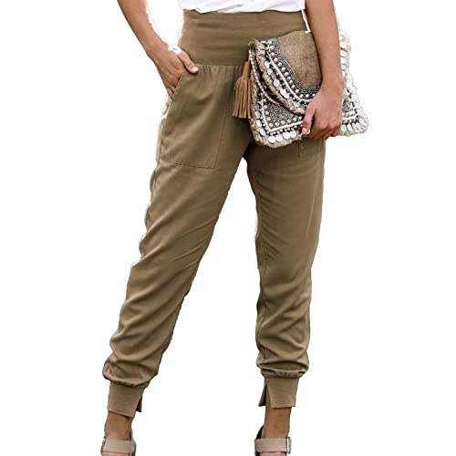 Cocoarm Damen Hose Hohe Taille Bleistifthose 9/10 Casual Elegant Pants Einfarbig Freizeithose Jogger Pants mit Taschen und geteilter Saum(L-Khaki) von Cocoarm