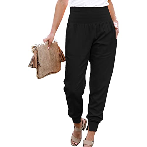 Cocoarm Damen Hose Hohe Taille Bleistifthose 9/10 Casual Elegant Pants Einfarbig Freizeithose Jogger Pants mit Taschen und geteilter Saum(L-Schwarz) von Cocoarm