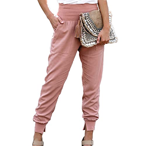 Cocoarm Damen Hose Hohe Taille Bleistifthose 9/10 Casual Elegant Pants Einfarbig Freizeithose Jogger Pants mit Taschen und geteilter Saum(XL-Rosa) von Cocoarm