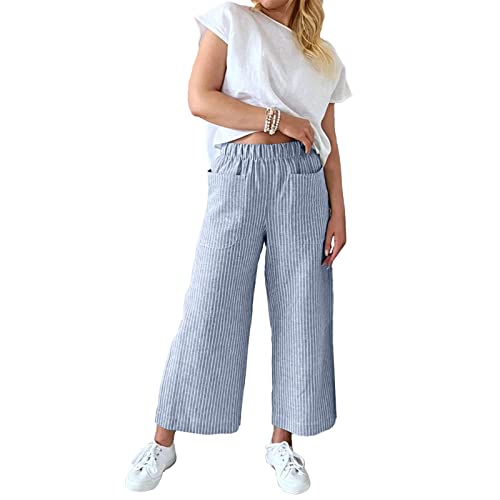 Cocoarm Damen-Hose mit Weitem Bein, Gerades Bein, Hohe Elastische Taille, Gestreifte Hose mit Taschen, Kausale Weiche Damenhose (XL) von Cocoarm