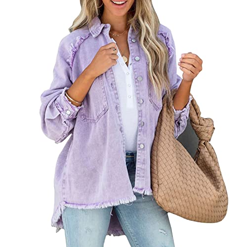 Cocoarm Damen Jeansjacke Locker Denim Jacke Langarm Oversize Übergangsjacke mit Fledermausärmel Lose Mädchen Mantel Beiläufige Outwear(S-Violett) von Cocoarm