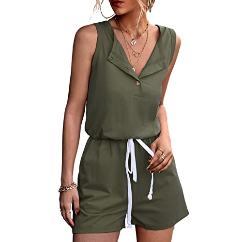 Cocoarm Damen Jumpsuit Ärmellos Overall mit V-Ausschnitt kurzer Sommer-Einteiler mit Gürtel Playsuit Sommer Strand Beachwear Romper Lässig Mittlere Taille mit Taschen(L-OD-Grün) von Cocoarm