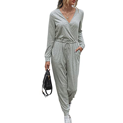 Cocoarm Damen Jumpsuit Einteiler Overall V-Ausschnitt Langarm Playsuit Elegant Casual Romper Hosenanzug Romper(S-Hellgrau) von Cocoarm